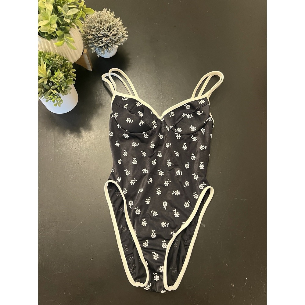 Pacific Connections 80s 90s Vintage Black Floral Hi-Cut One Peice Swimsuit 7/8